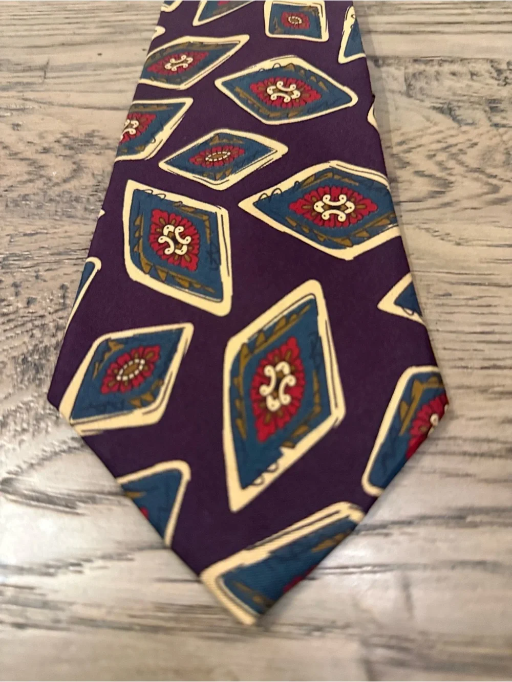 Vintage Dior Burgundy Silk Tie with Blue and Red Medallions